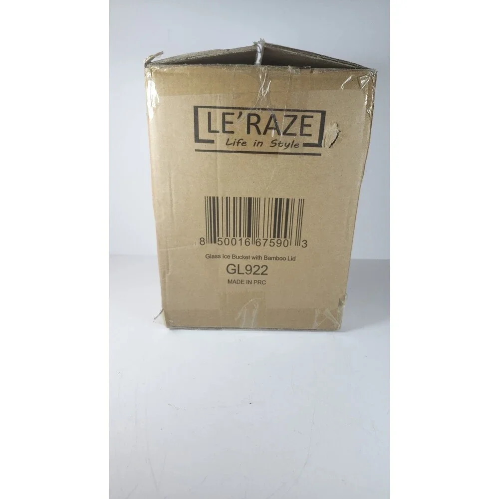 LE'RAZE Glass Ice Bucket with Airtight Bamboo Lid, Ice Tong Scooper and Handle